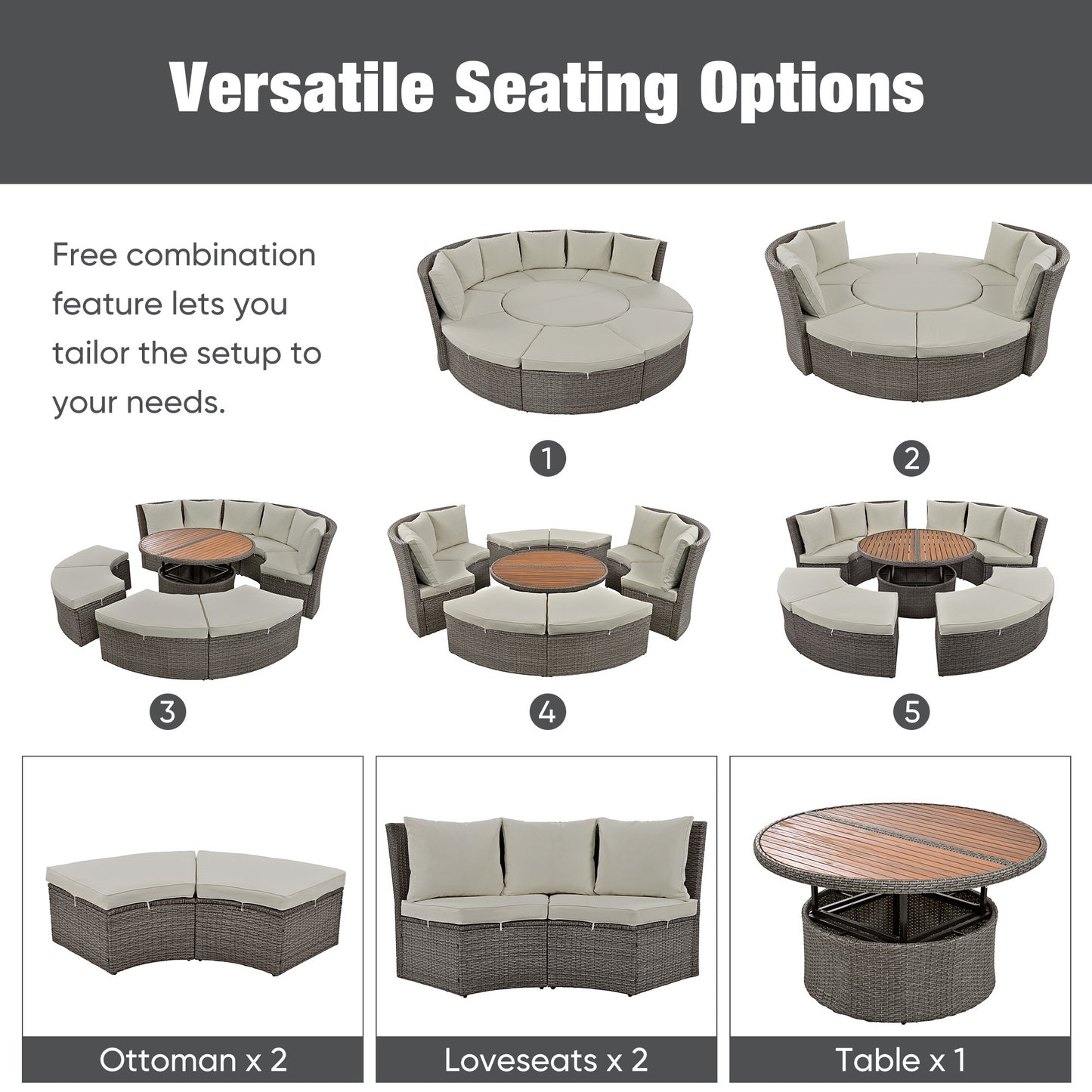 topmax patio 5-piece round rattan sectional sofa set, gray