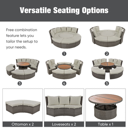 TOPMAX Patio 5-Piece Round Rattan Sectional Sofa Set, Gray
