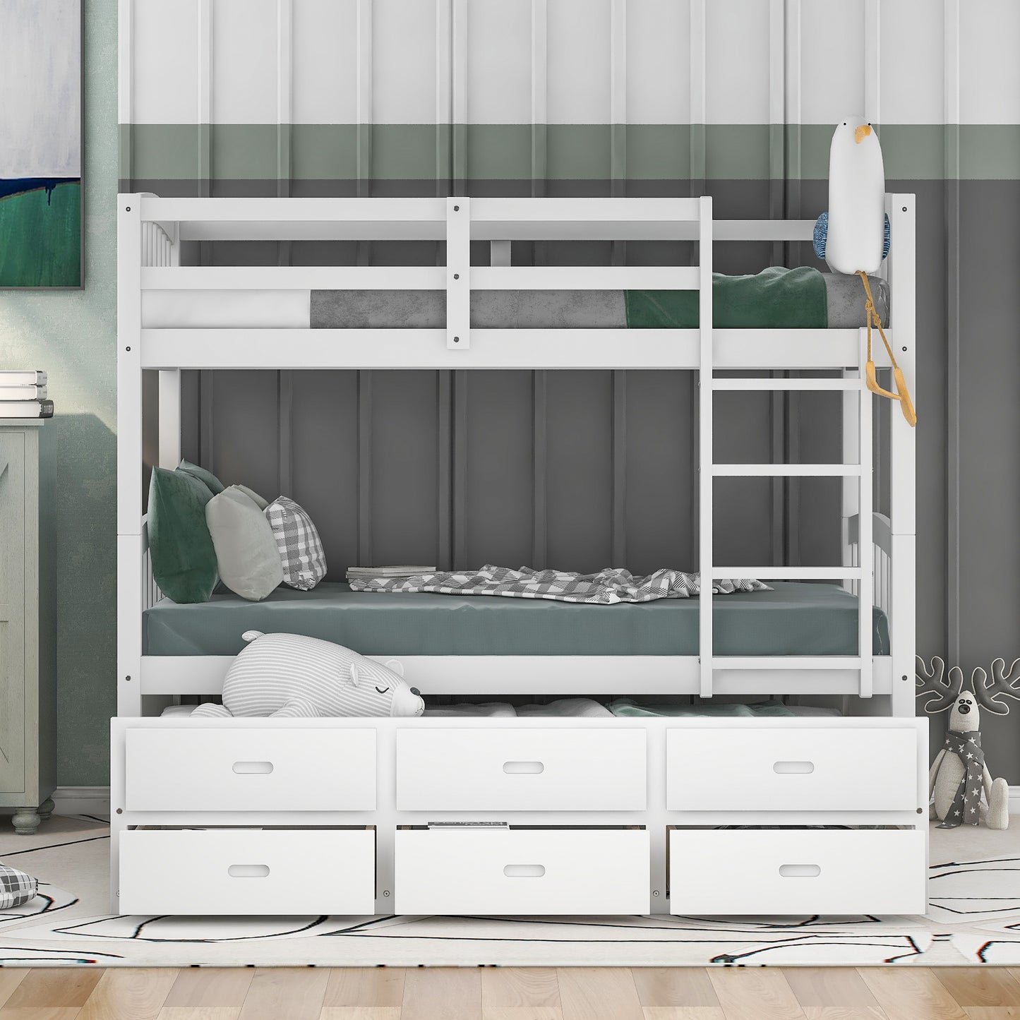 twin over twin wood bunk bed with trundle and drawers,white