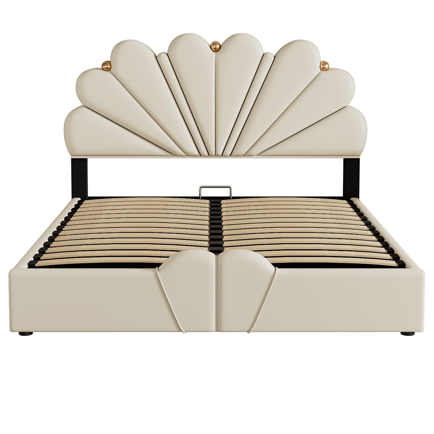upholstered petal shaped platform bed with hydraulic storage system, pu storage bed, beige