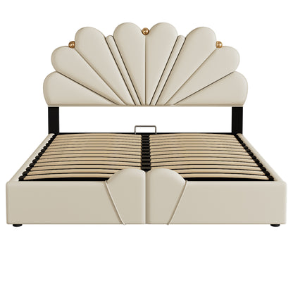 Upholstered Petal Shaped Platform Bed with Hydraulic Storage System, PU Storage Bed, Beige