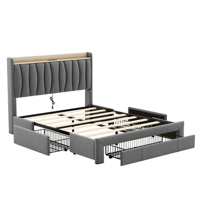 Queen Size Bed Frame with Storage Headboard and Charging Station,Dark Gray