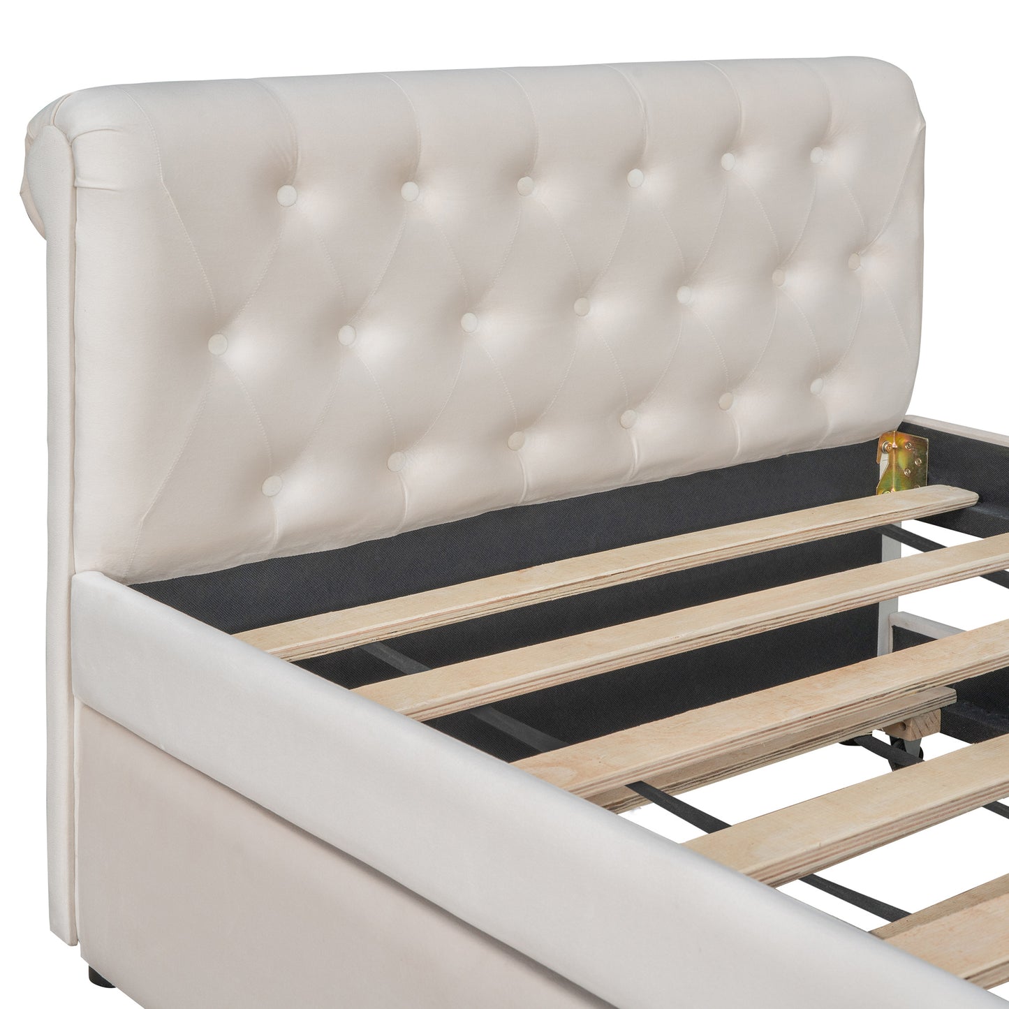 twin size upholstered bed with trundle, beige