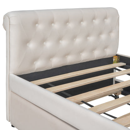 Twin Size Upholstered Bed with Trundle, Beige