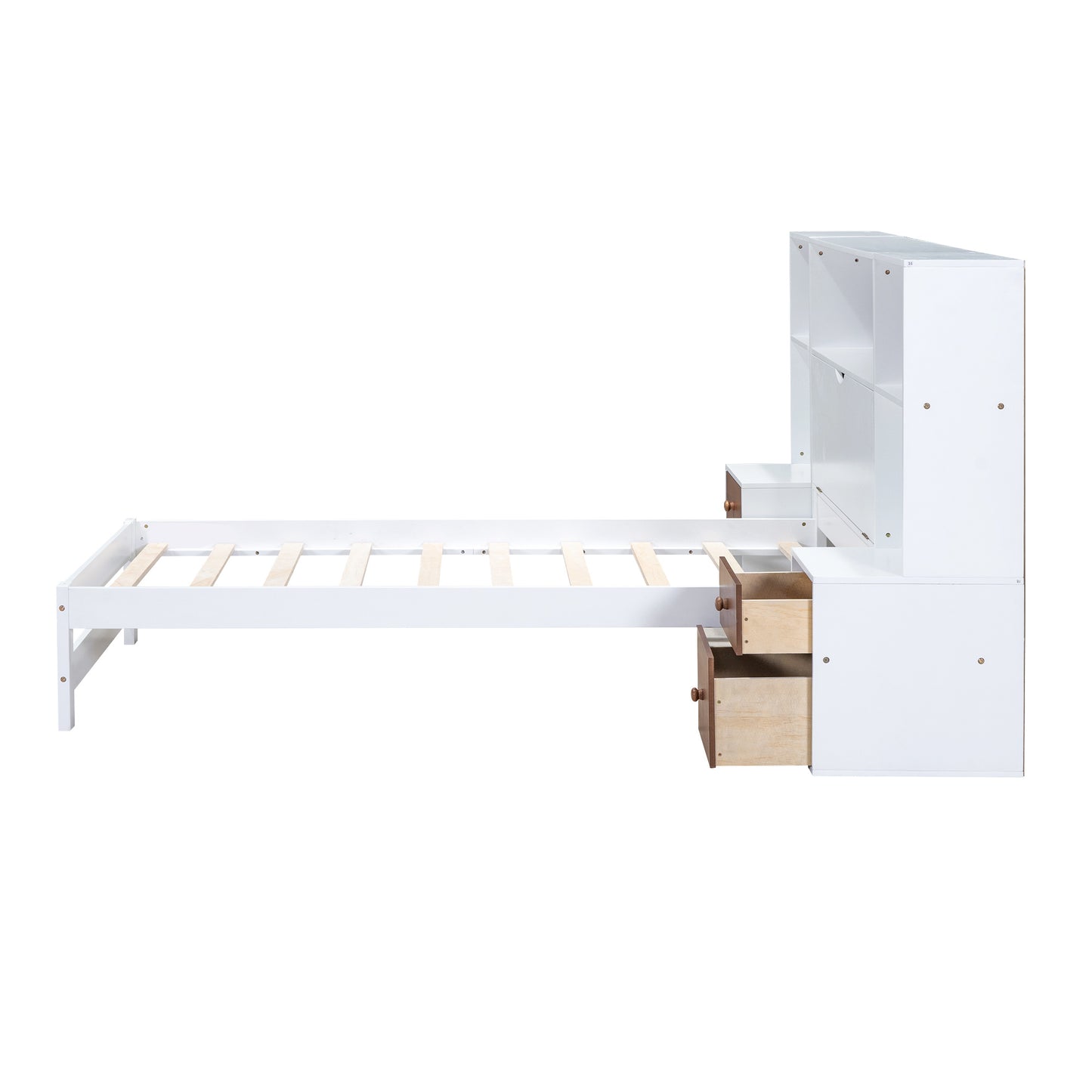 twin size platform bed with storage headboard and drawers, white