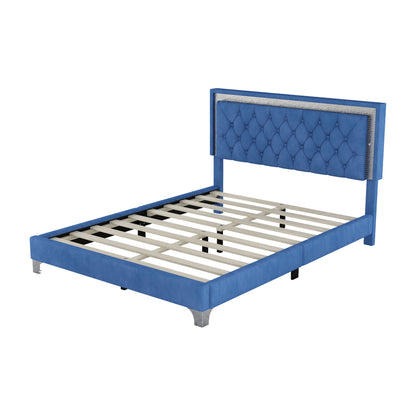3-Pieces Upholstered Platform Bed with LED Lights and Two Nightstands-Blue