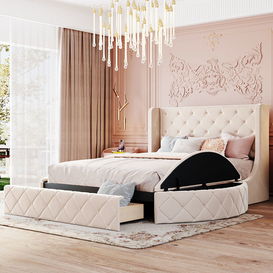 Upholstered Platform Storage Velvet Bed with Wingback Headboard -Biege