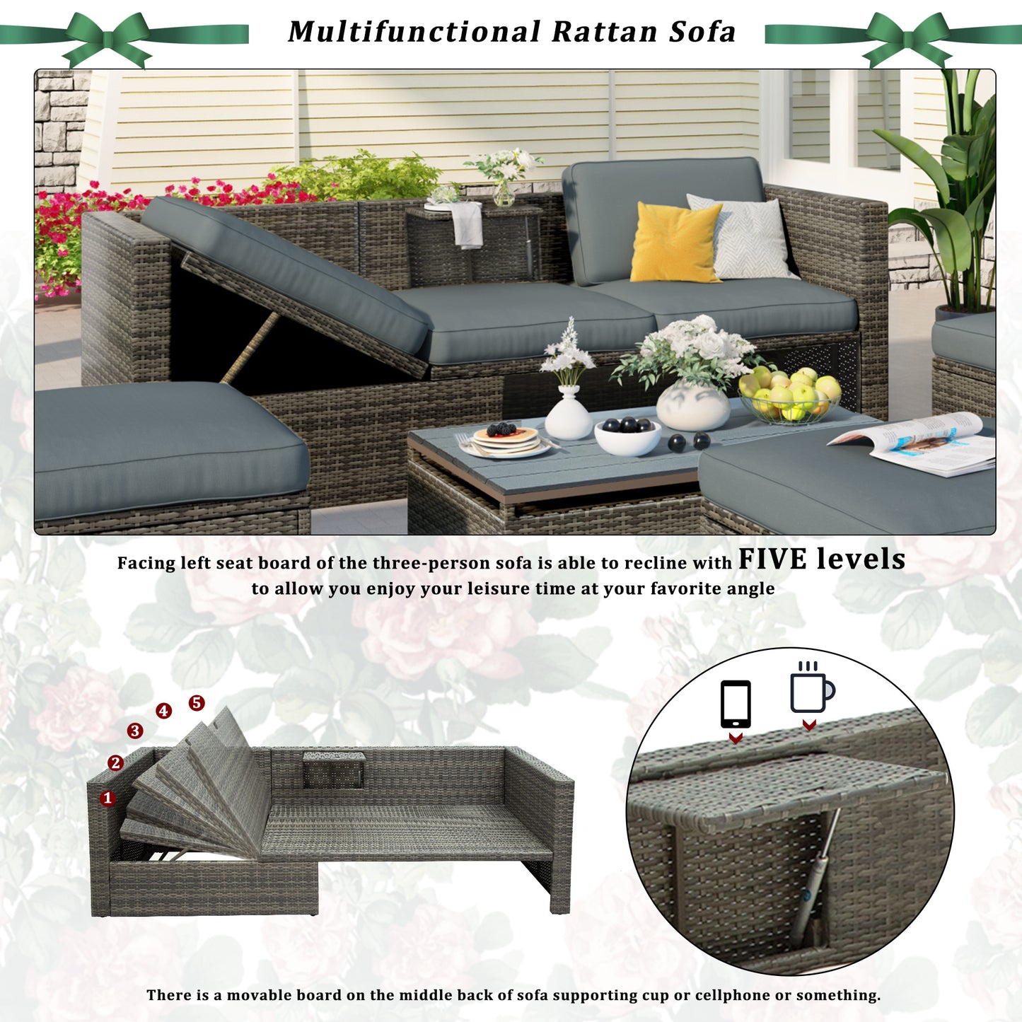 5-piece patio wicker sofa set cushions; ottomans and lift top coffee table included
