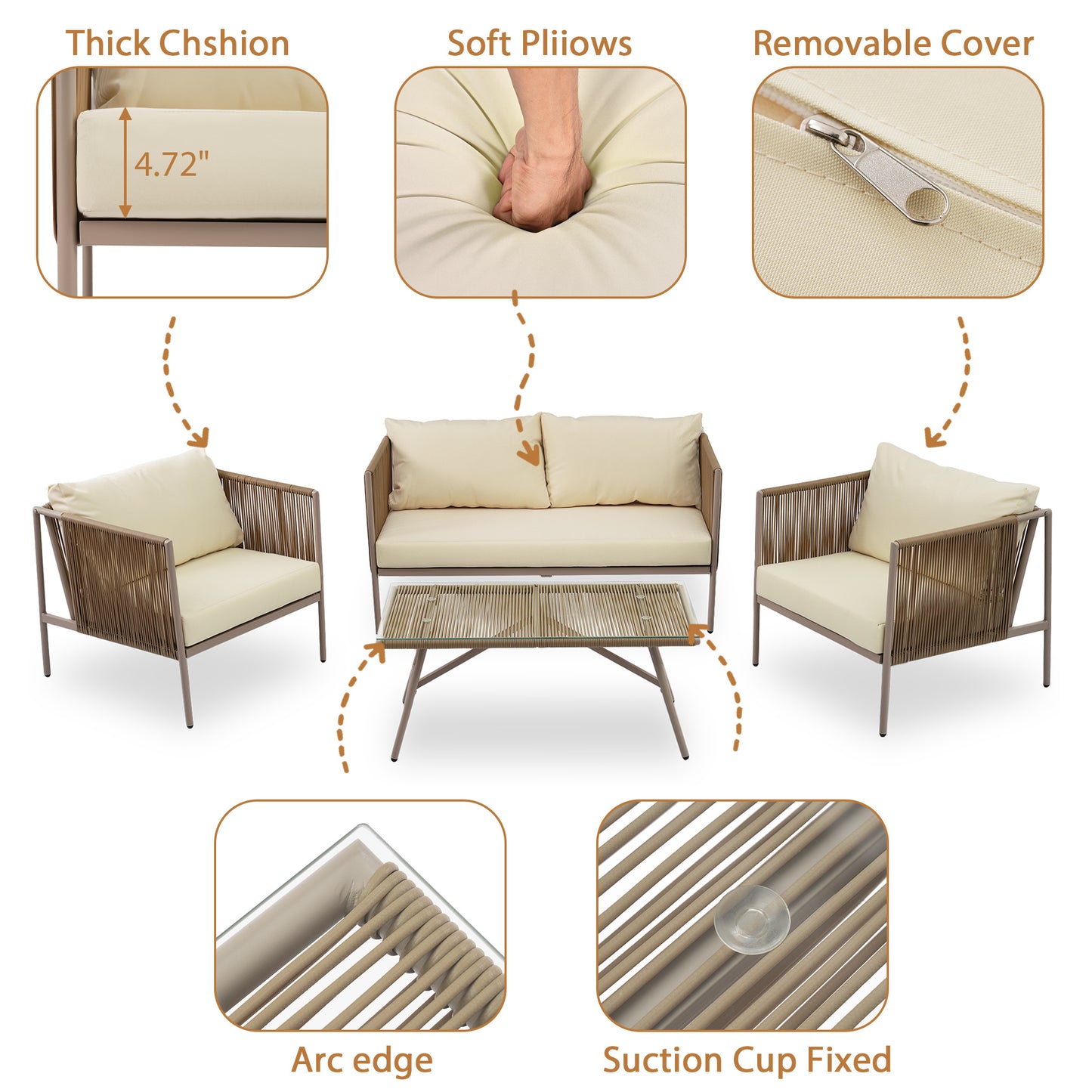 go 4-piece rope sofa set with thick cushions , beige