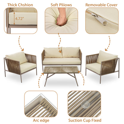 GO 4-Piece Rope Sofa Set with Thick Cushions , Beige
