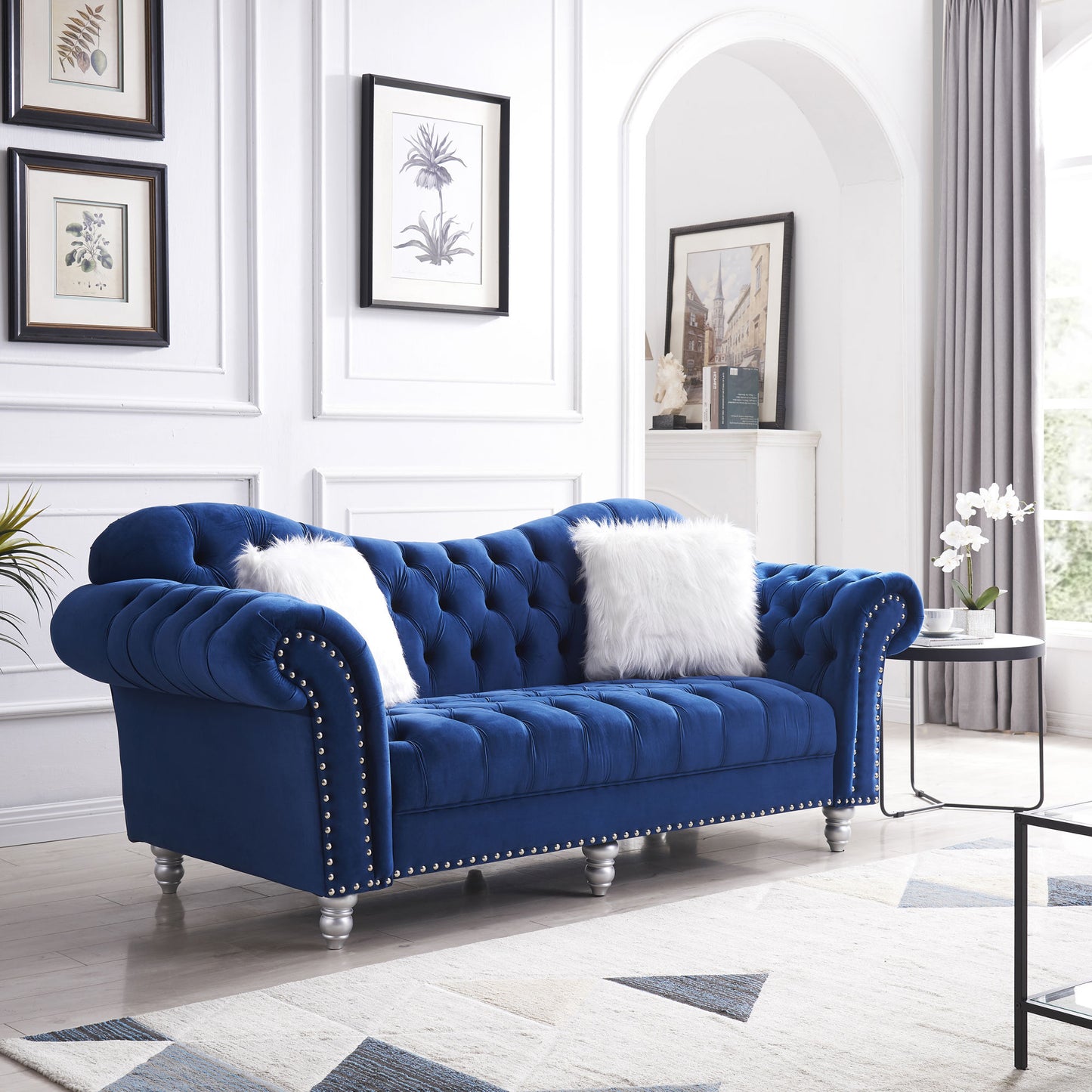 3 piece sofa set with five white villose pillow, blue