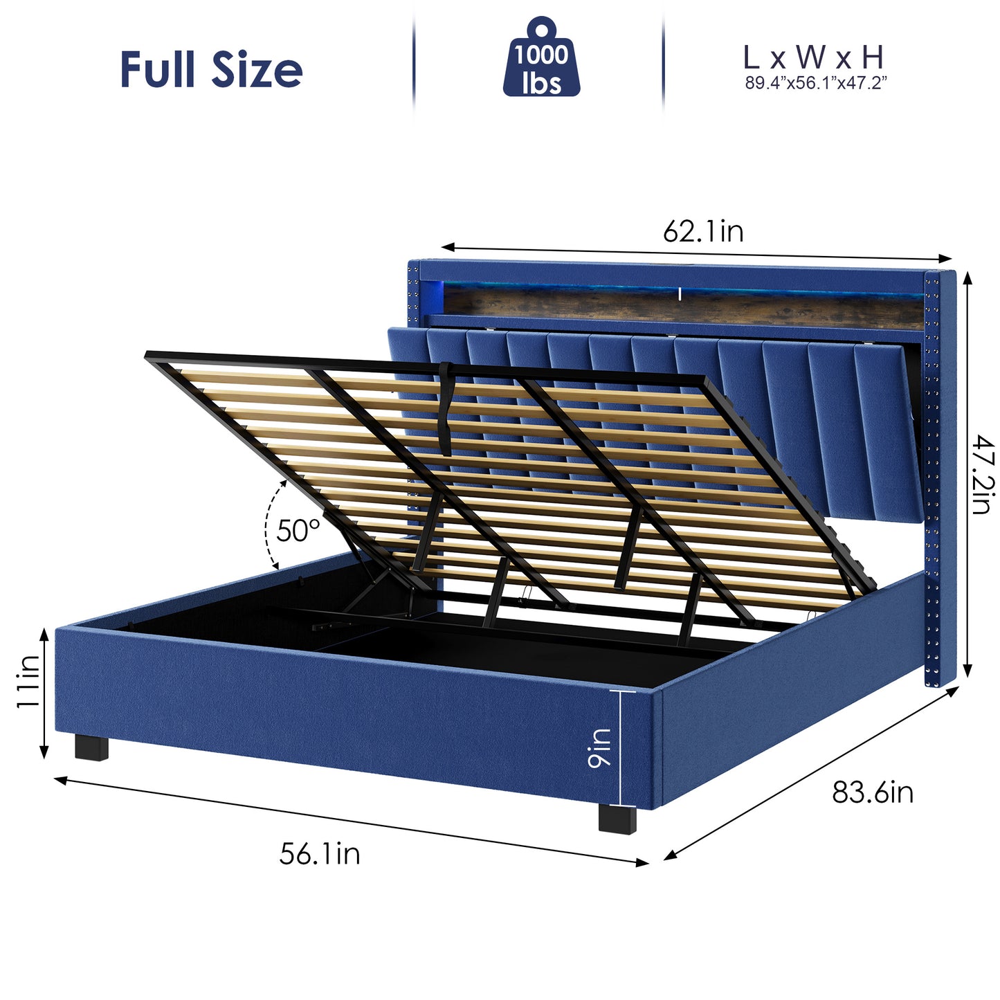 luxury gas lift storage bed with rf led lights & storage headboard , blue