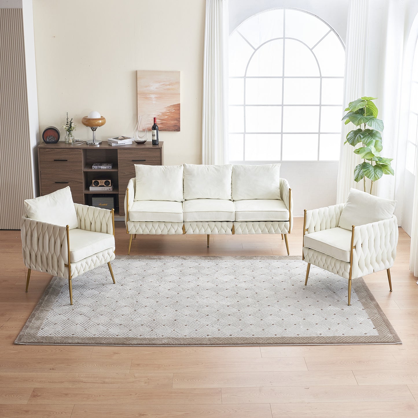 2 pieces modern upholstered couch set, cream white velvet