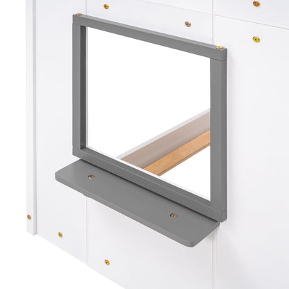 Twin Over Twin Bunk Bed Wood Bed with Roof, Window, Guardrail, and Ladder