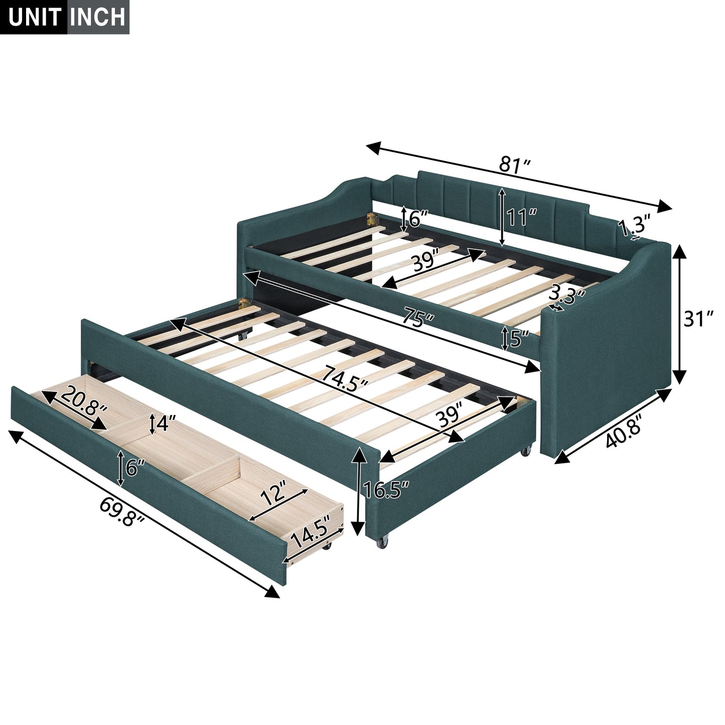 eli upholstered daybed with trundle and three drawers, green