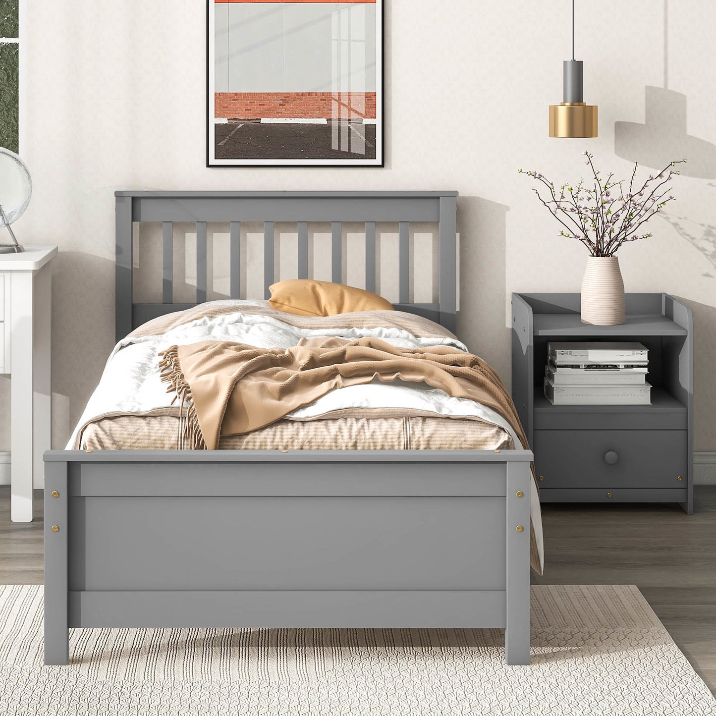 twin bed with headboard & nightstand, grey
