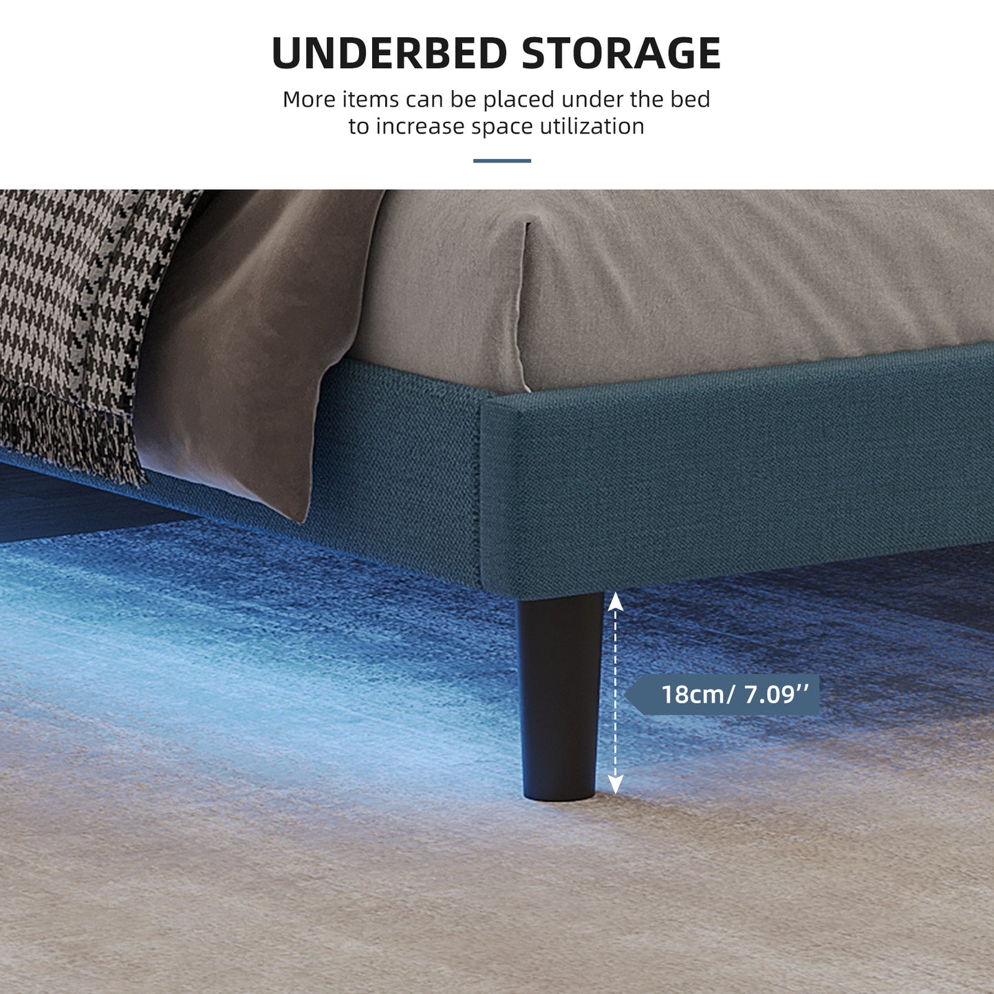 square upholstered platform bed with lights square stitched