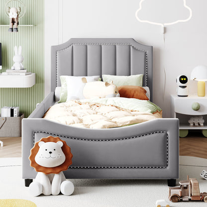 Maya Upholstered Bed with Classic Stripe Shaped Headboard, Gray