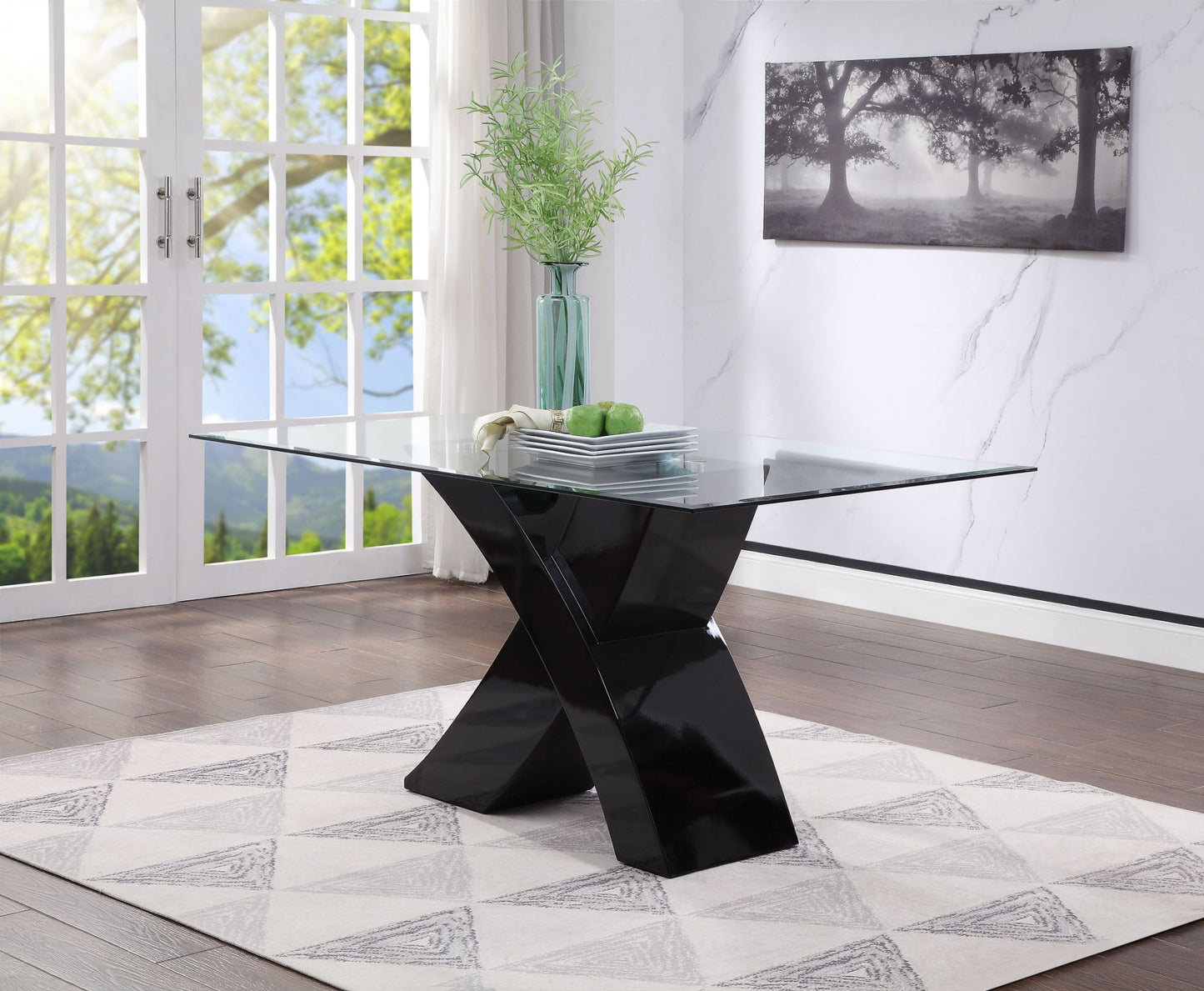 acme pervis dining table in black & clear glass