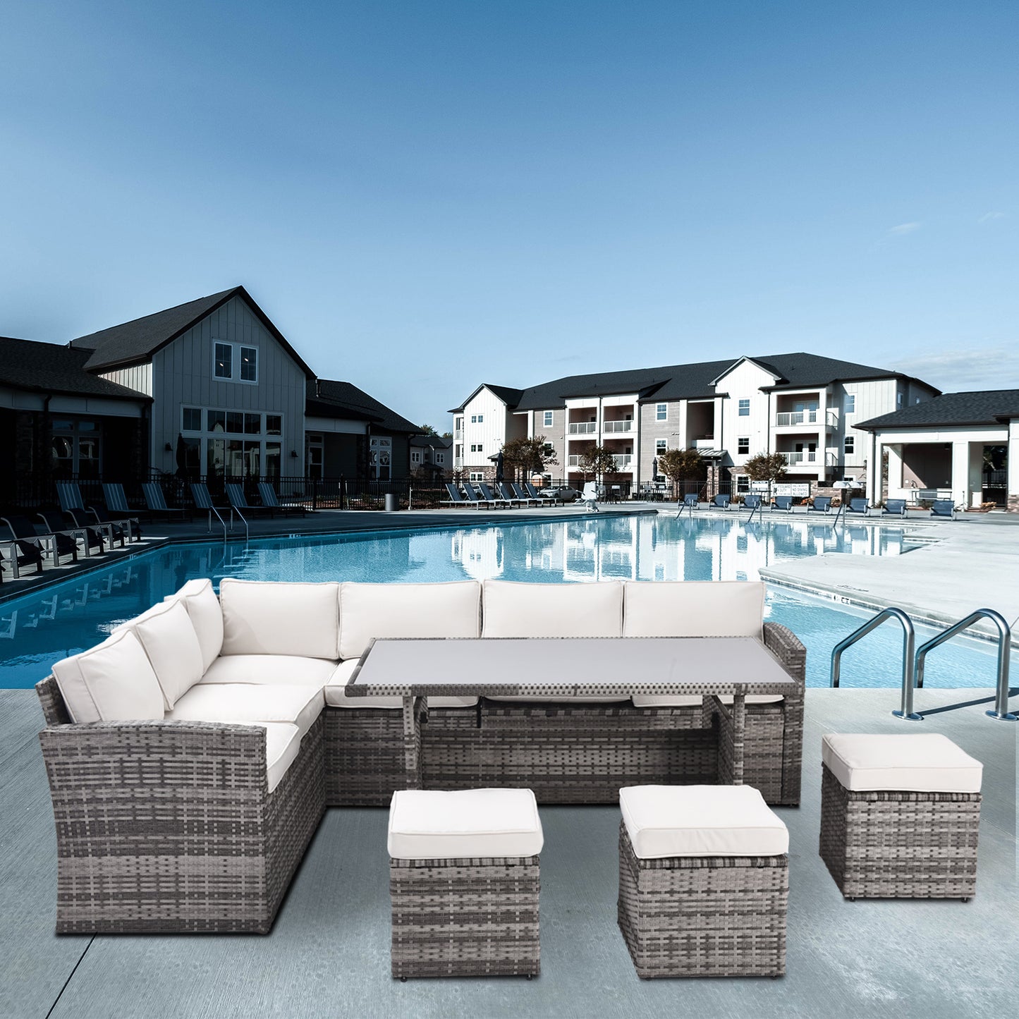 7 pieces outdoor sectional conversation sofa with dining table, chairs and ottomans, grey+beige