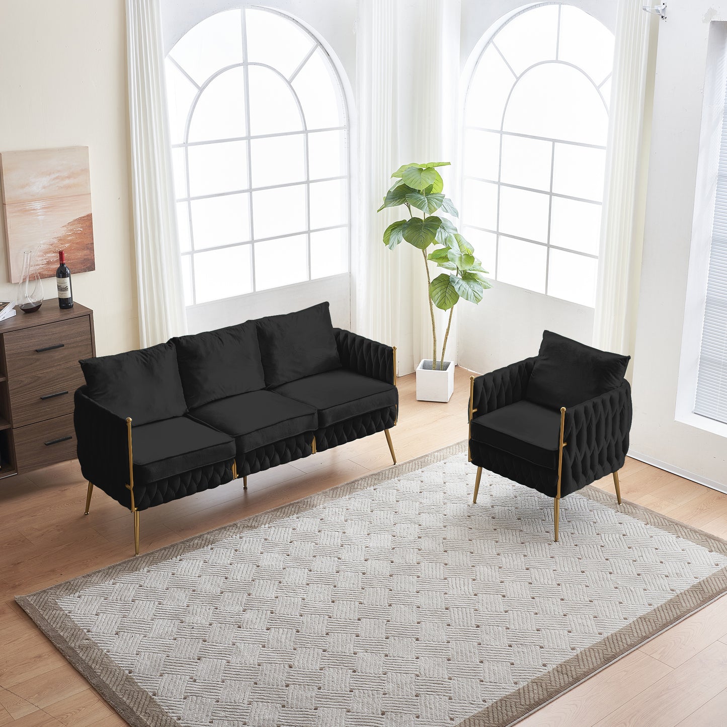 fiona fluffy tufted upholstered sofa set, black velvet