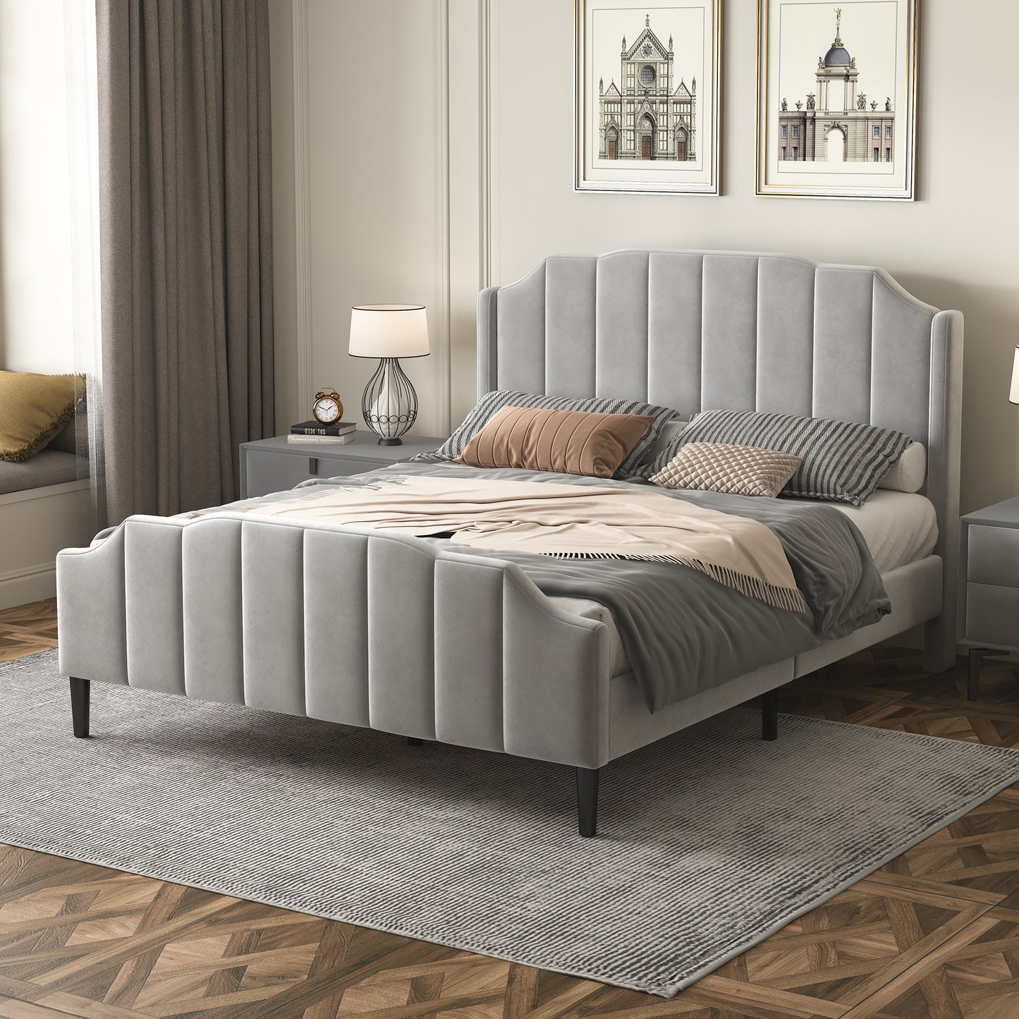 geyser velvet upholstered platform bed gray