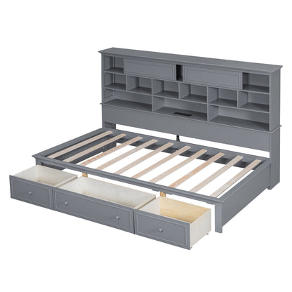 Wood Bed with Multi-Storage Shelves, Charging Station and 3 Drawers, Gray