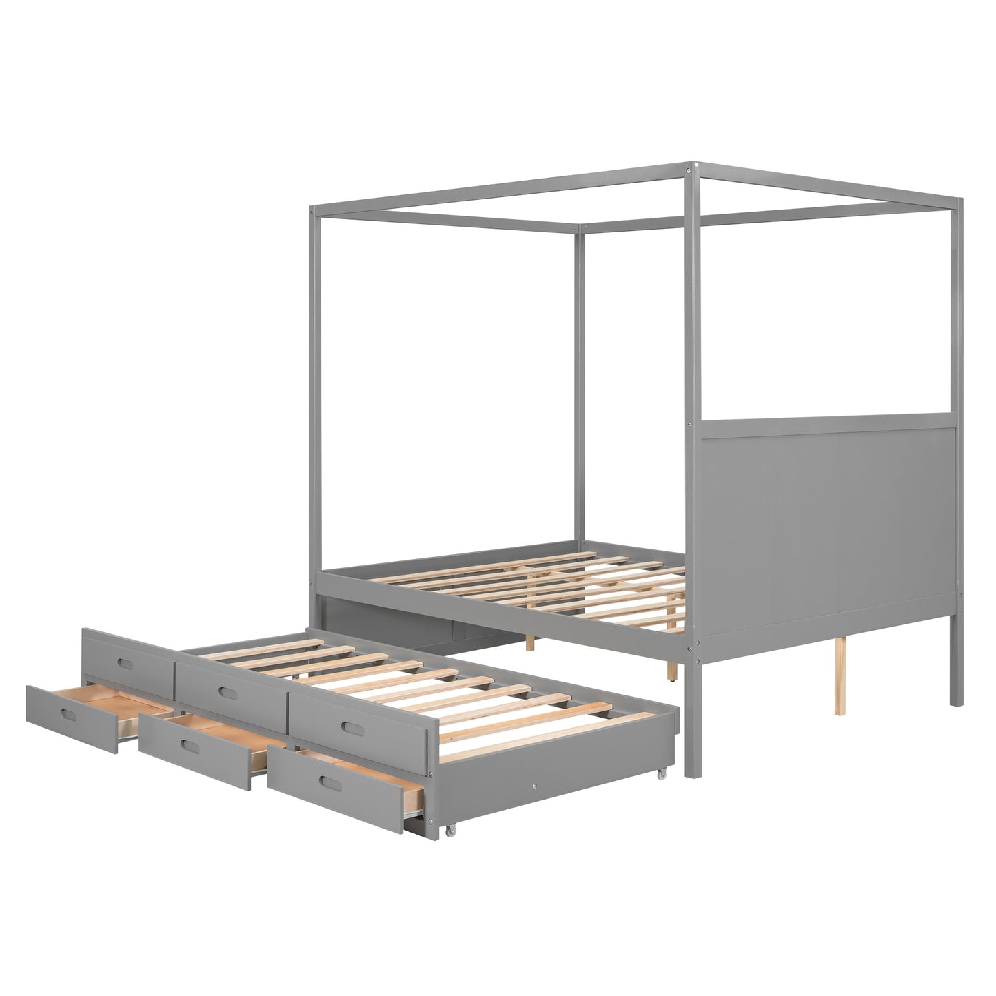 queen size canopy platform bed with twin size trundle and three storage drawers,gray