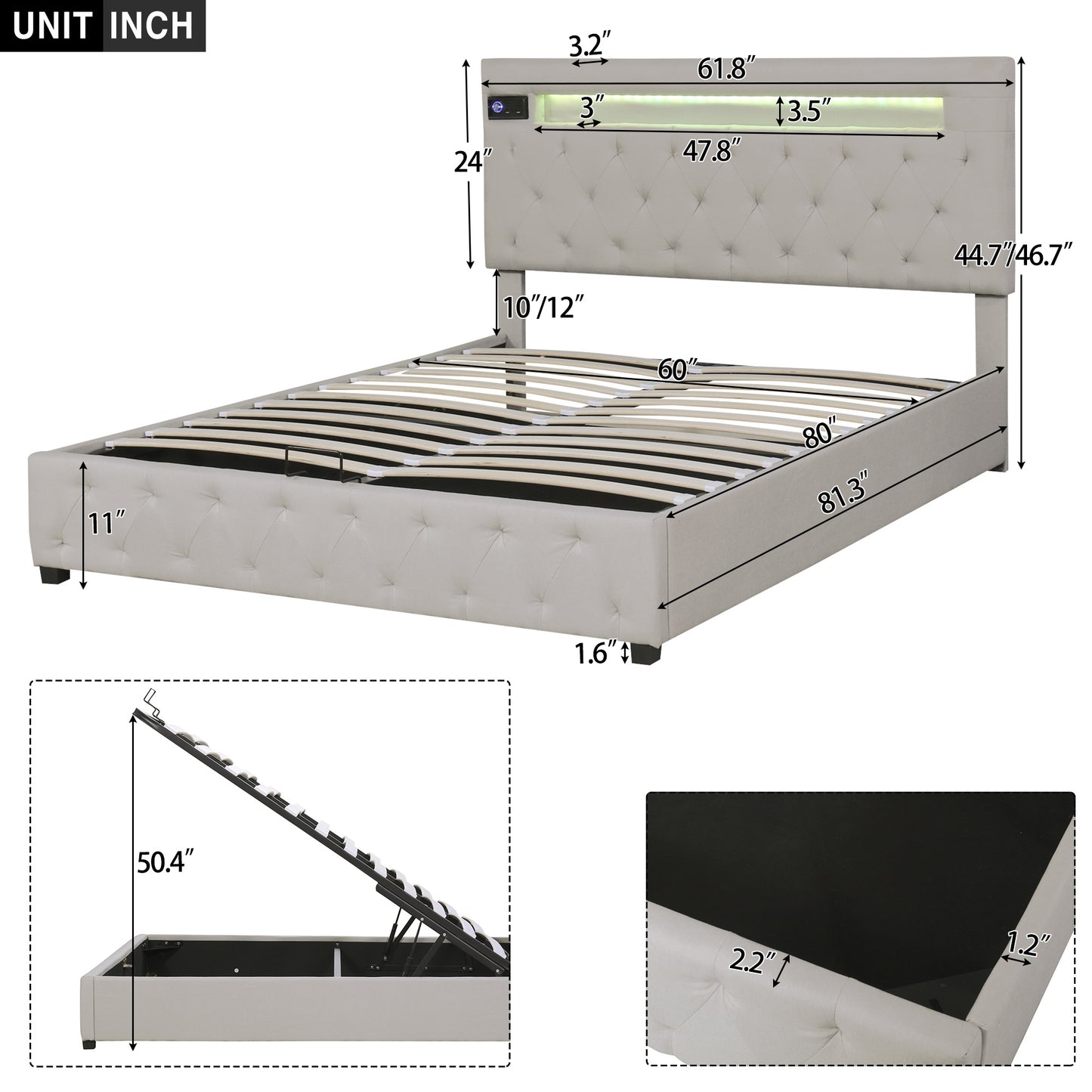 upholstered bed featured with bluetooth audio, led light and usb charging, beige