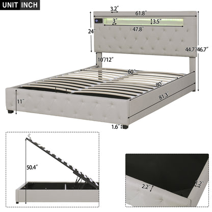 Upholstered Bed Featured with Bluetooth Audio, LED Light and USB Charging, Beige