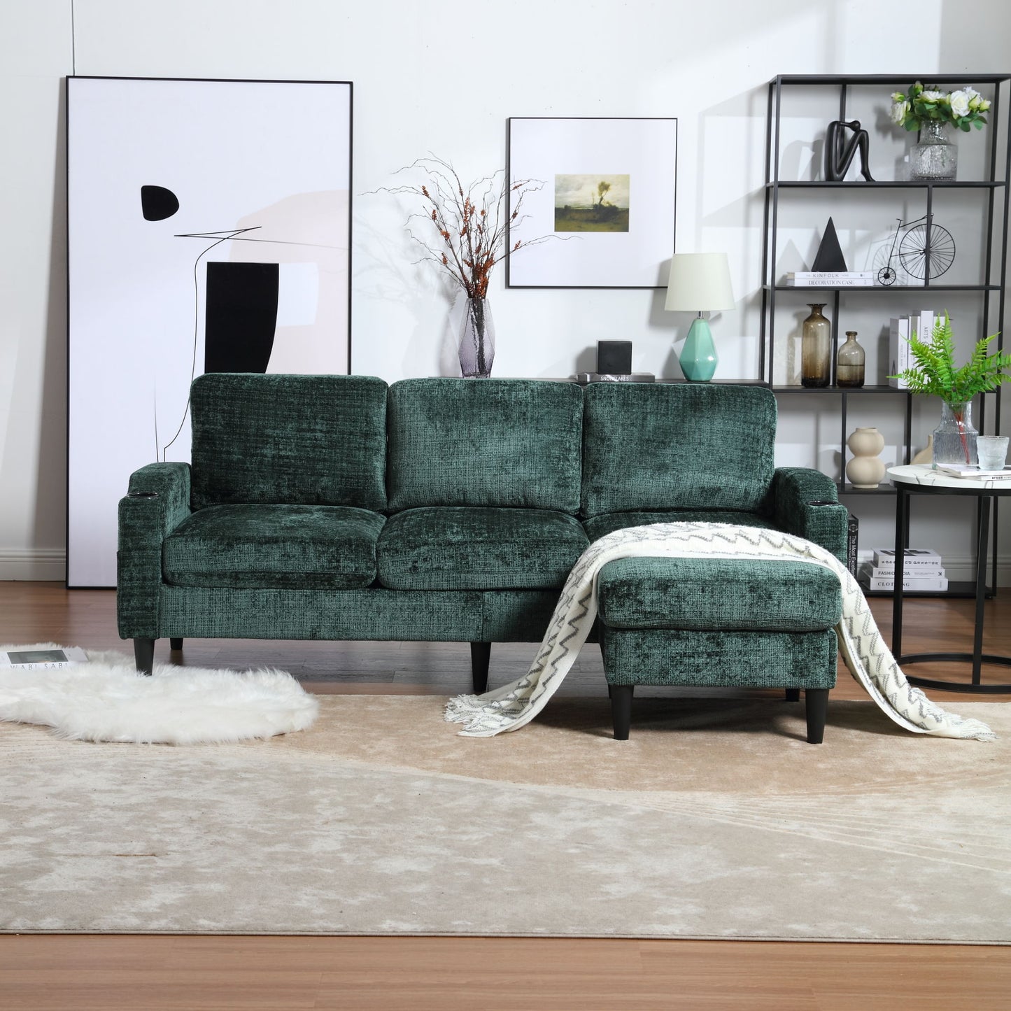 zara storage/ cupholder sectional sofa, green
