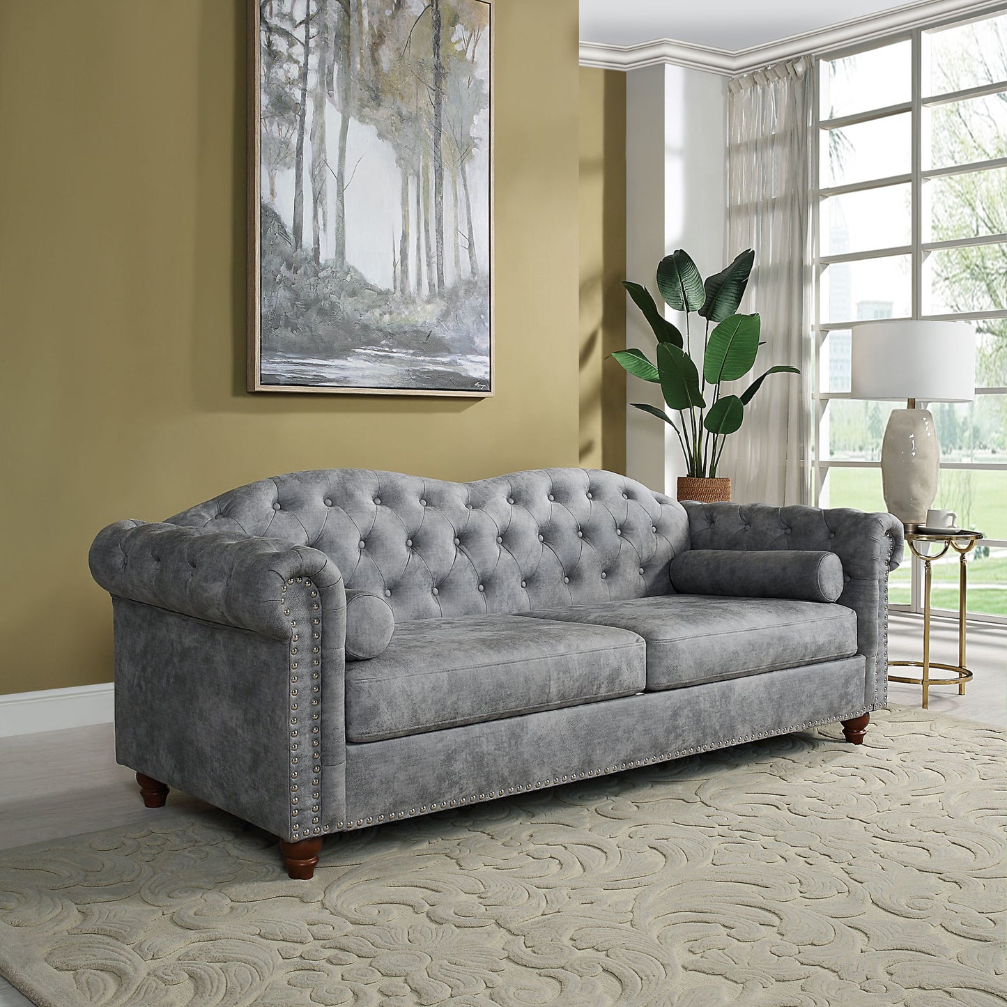 classic traditional l upholstered sofa, grey