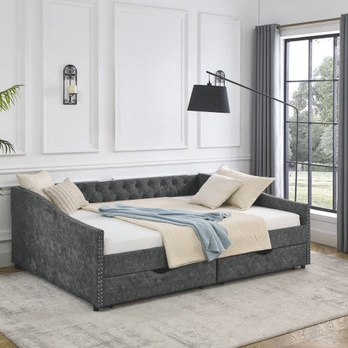 morgan queen size daybed with drawers upholstered tufted sofa bed, grey