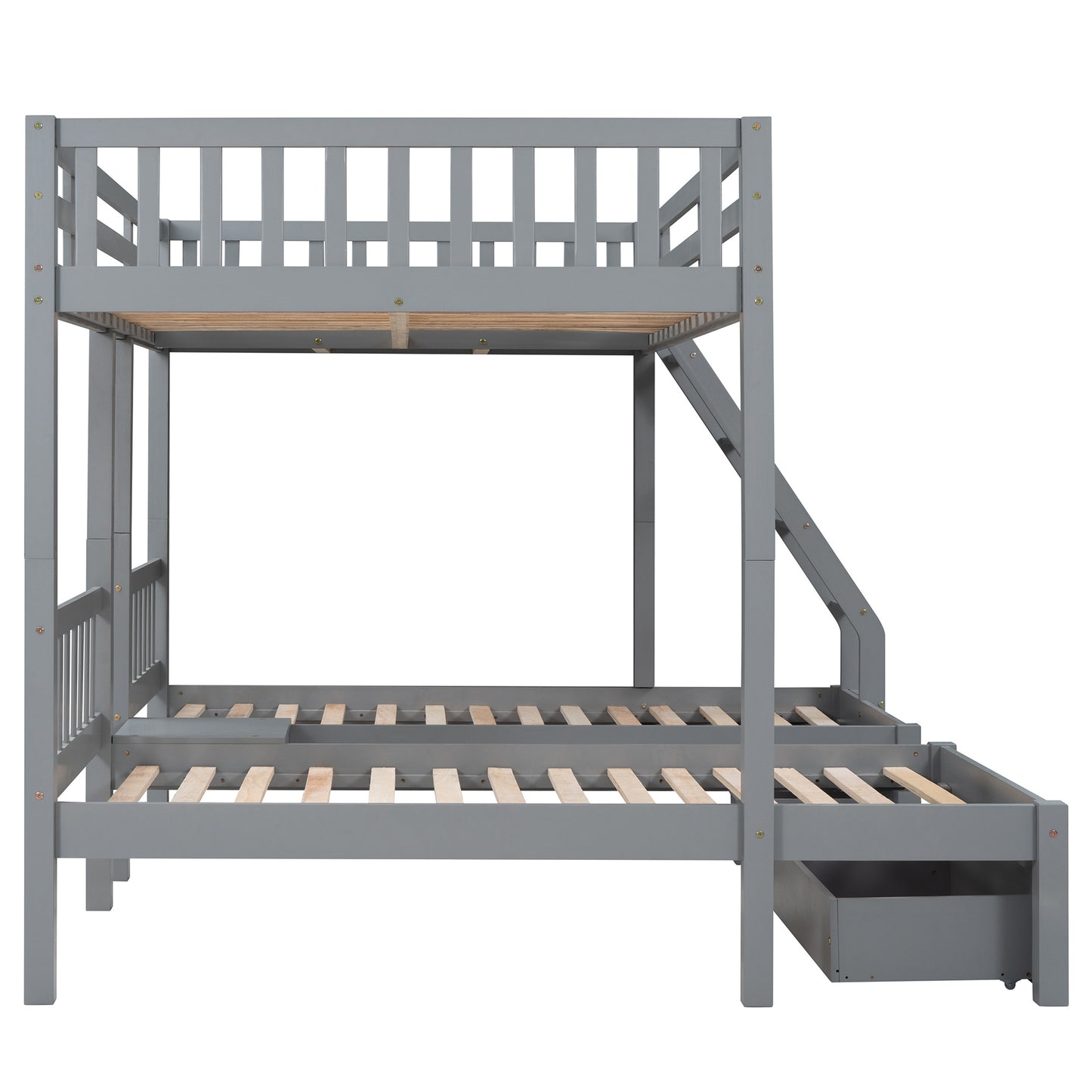 triple bunk bed with drawers and guardrails, gray