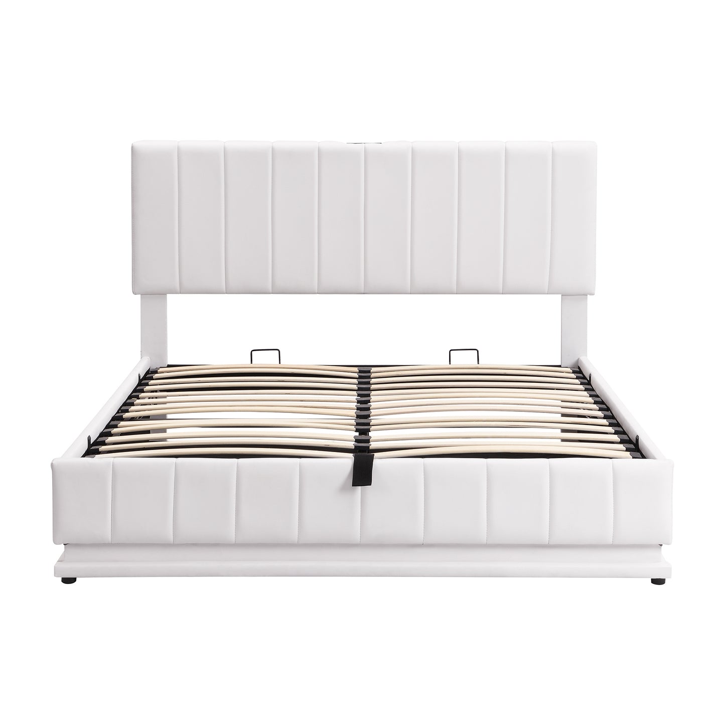 upholstered bed with hydraulic storage system and led light, sockets, and usb ports, white
