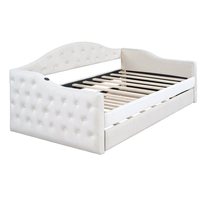 Zara Tufted Upholstered Bed with Trundle, USB&Type-C Charging Ports, Beige