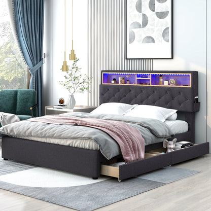 Upholstered Platform Bed with Storage Headboard, LED, USB Charging and 2 Drawers