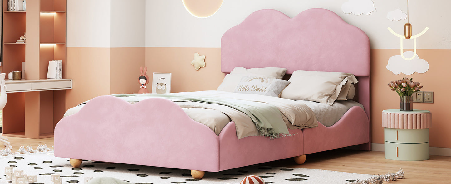 upholstered bed with cloud shaped bed board, light pink