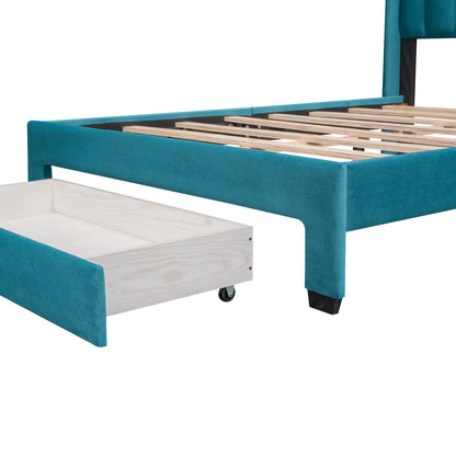 Danny Velvet Upholstered Platform Bed with a Big Drawer - Blue