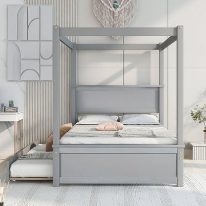 Wood Canopy Bed with Trundle