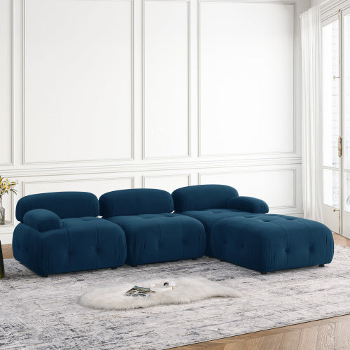 Button Tufted Modular Sectional Sofa, Navy Velvet