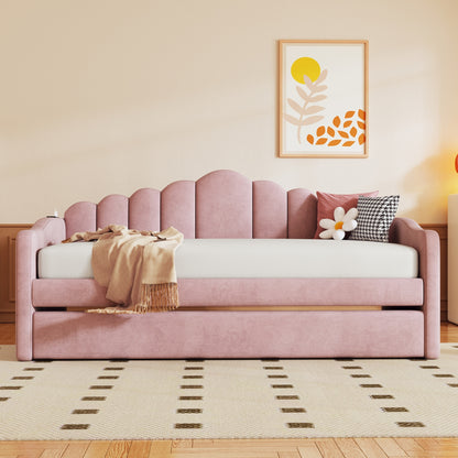 Upholstered Daybed with Trundle & USB Charging Ports, Pink