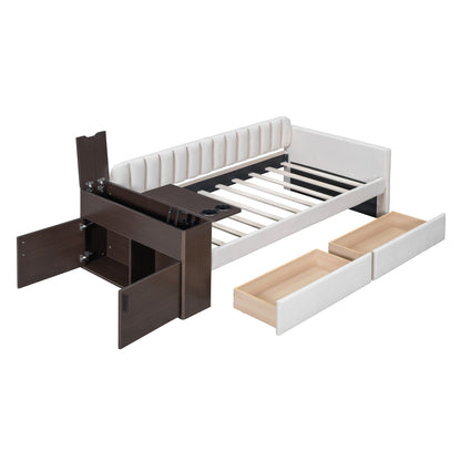 Upholstered Multi-functional Daybed with Cup Holder and a set of USB Ports and Sockets, Beige