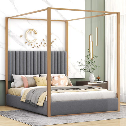Upholstery Canopy Platform Bed with Headboard and Metal Frame, Gray