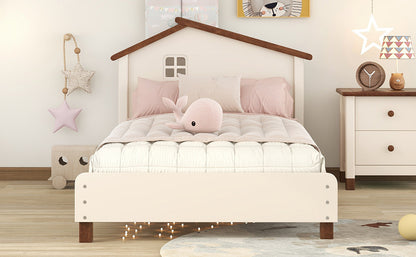 Wood Platform Bed with House-shaped Headboard (Cream+Walnut)