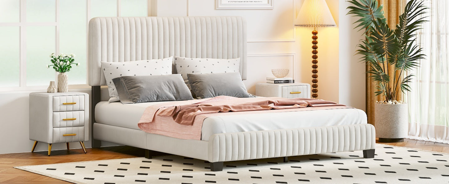 queen size upholstered platform bed, beige