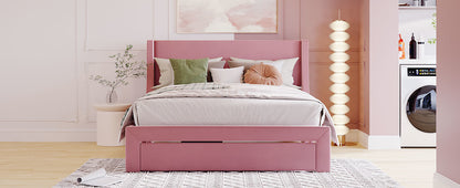 Velvet Upholstered Storage Bed with a Big Drawer - Pink