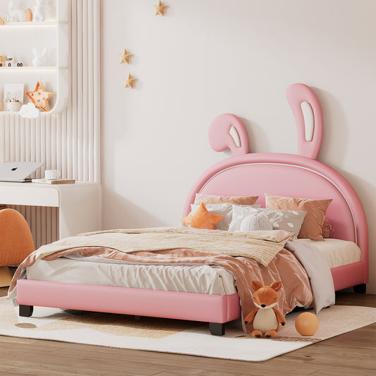 Upholstered Leather Platform Bed with Rabbit Ornament, Pink