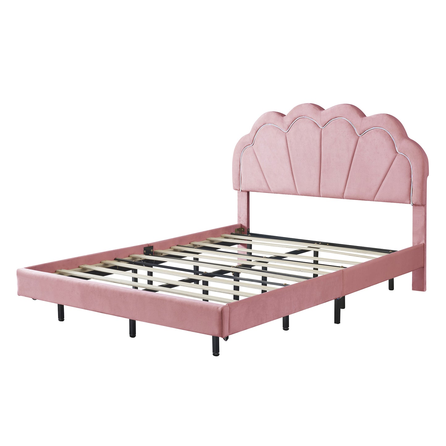 velvet upholstered led platform bed with storage ottoman, pink