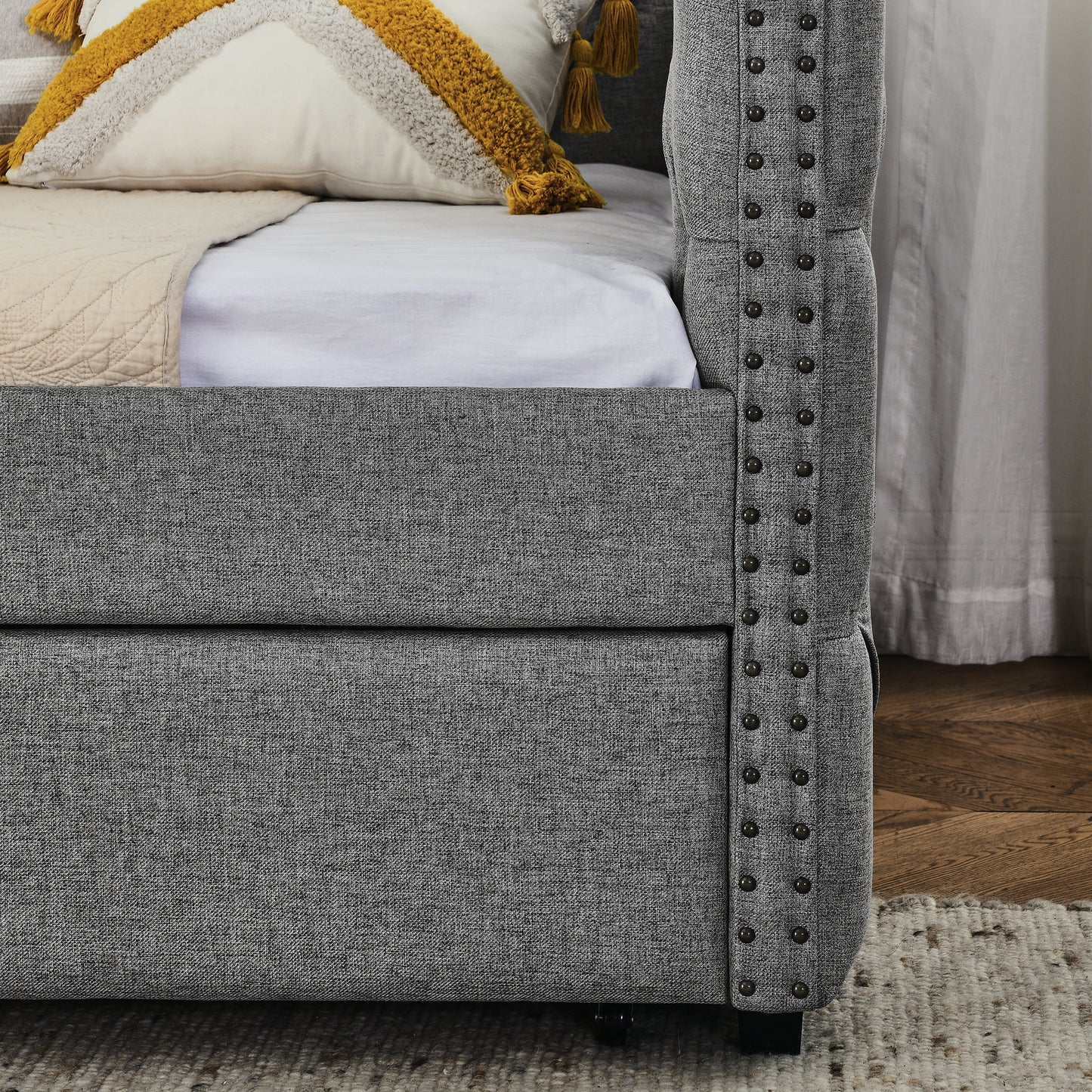 upholstered full size bed with two drawers, grey